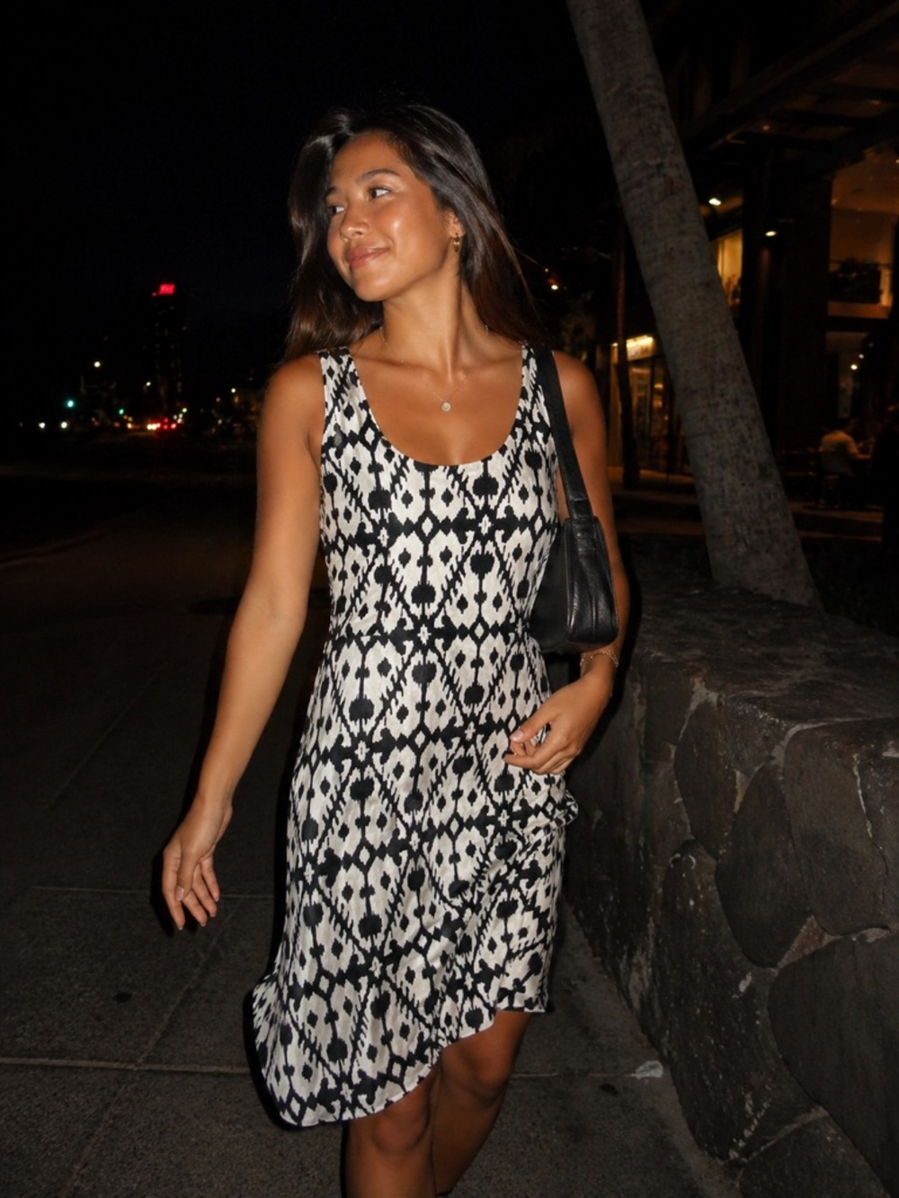 KAVU Ikat High-Low Mini Dress Size S Black & Cream Boho Neutral Summer Resort